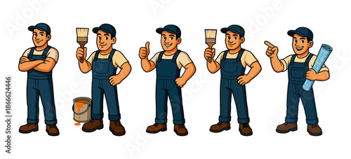 Cartoon Construction Worker Character Set – Mascots Vector Poses and Tools - Painter Mascots Designs