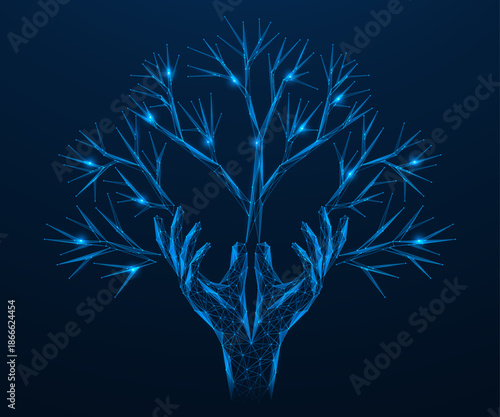 The digital tree of life. Branches sprouting from human hands. The concept symbolizes caring for nature, creation and human responsibility for development and growth.