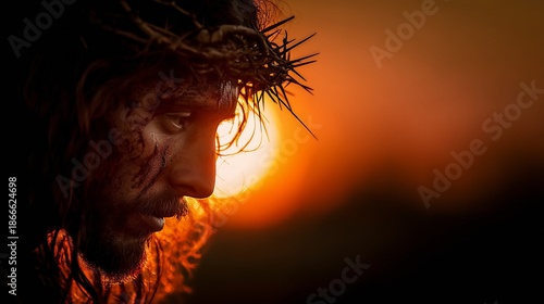 A solemn portrait of Jesus Christ with a crown of thorns at sunset