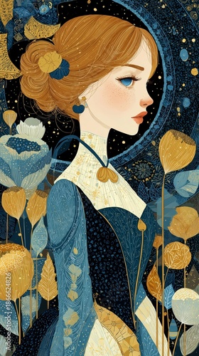 A beautiful woman in a blue and gold dress surrounded by flowers, cinderella theme