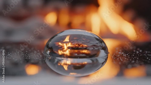 Glass Orb Reflecting Fire Flames and Glowing Embers on Snowy Ground Macro Shot