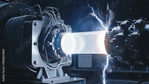Futuristic Engine Generating Powerful Plasma Beam Amidst Sparks and Electrical Discharge