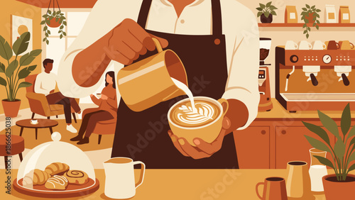 Barista pouring milk creating latte art. Professional coffee preparation. Cafe interior. Flat vector illustration. Coffee shop culture. Espresso machine. Hot beverage. Service design.