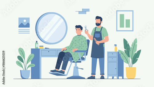 Barber cutting hair of male customer in salon chair. Hairdresser holding scissors and comb. Grooming service and hairstyle concept. Barbershop interior flat vector illustration.