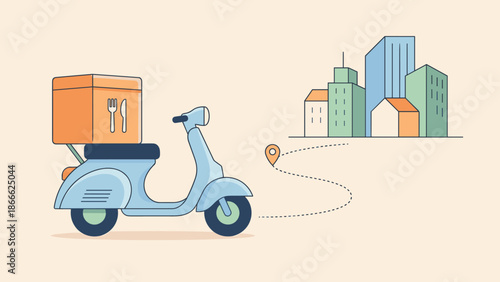 Food delivery service concept. Blue scooter with box. Urban logistics. Motorbike courier route to city. Takeaway meal transport. Online ordering. Fast shipment. Flat vector.