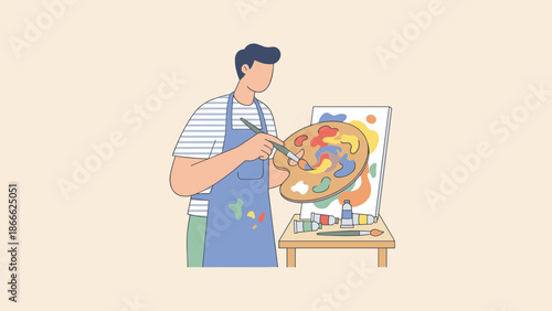 Artist mixing colors on palette. Creative male painter holding brush. Man in apron in studio. Hobby and profession concept. Canvas on easel. Painting class. Flat vector illustration.