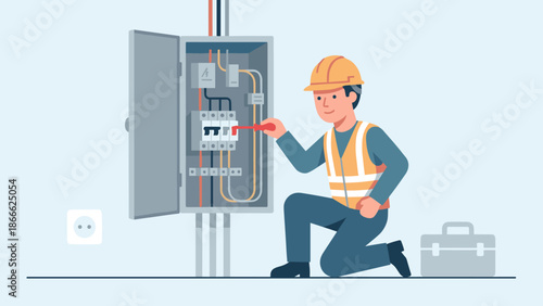 Electrician fixing fuse box. Technician with screwdriver repairing electrical panel. Worker with toolbox checking circuit breaker. Power service concept. Flat vector design.