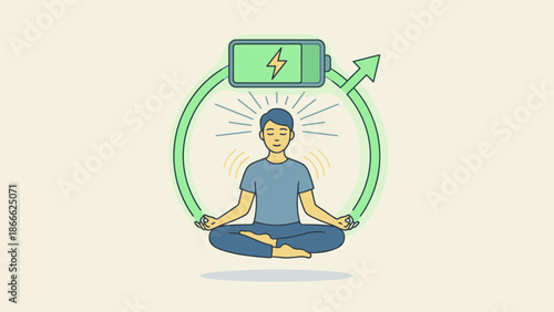 Recharging energy concept. Person meditating in lotus pose. Battery charging icon. Mindfulness wellness. Spiritual recovery. Stress relief. Work life balance. Yoga meditation. Zen.