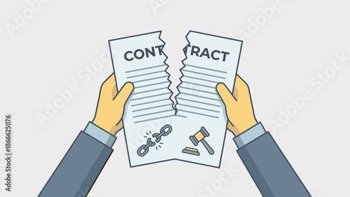Breach of contract concept. Hands tearing legal document. Termination of agreement. Cancellation of deal. Broken promise. Annulment. End of business partnership. Flat vector. Void.
