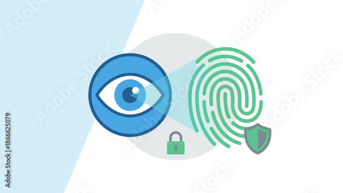 Biometric security concept. Stylized eye scanning fingerprint. Digital identity verification. Cyber safety. Flat vector illustration. Access control. Personal data privacy shield.