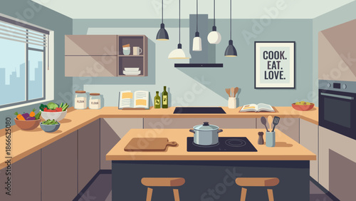 Modern kitchen interior with island. Cooking ingredients on counter. Home cooking culinary concept. Domestic room with furniture, stove, oven and food. Vector illustration design.