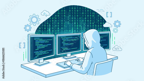 Programmer coding on computer. Software developer at desk. Multiple monitors. Matrix binary code background. Hacking concept. Cyber security. Web development. Tech professional.