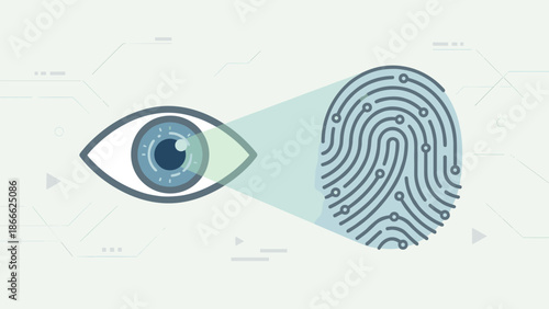 Biometric security concept. Eye scanning fingerprint. Digital identity verification. Cyber safety technology. Authentication access control. Retinal scan data protection vector.
