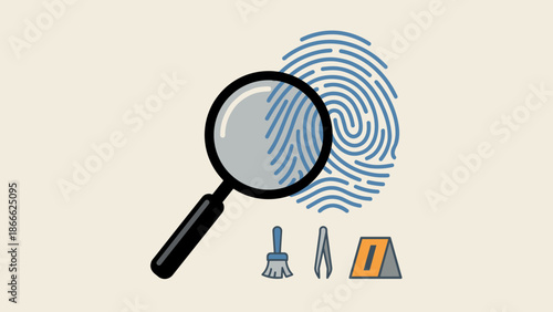 Forensic investigation concept. Magnifying glass on fingerprint. Crime scene evidence. Detective tools. Security identity verification. Criminal analysis. Biometric scan ID check