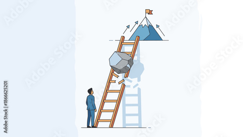 Business obstacle concept. Businessman facing broken ladder with falling rock. Difficulty reaching goal. Career challenge and setback. Risk and crisis. Failure to climb mountain.