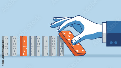 Hand stopping falling domino effect. Business risk management concept. Crisis prevention strategy. Intervention to halt chain reaction. Protection solution. Problem solving metaphor.