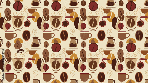 Seamless coffee pattern background. Stylized beans cups texture. Cafe wallpaper. Flat vector illustration. Beverage theme. Espresso, latte, cappuccino. Hot drink aroma. Menu art.