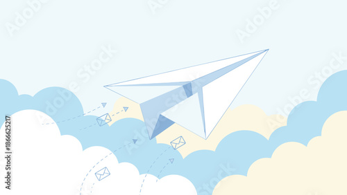 Paper plane flying through pastel clouds. Sending messages concept. Email delivery and communication background. Startup business launch symbol. Vector illustration. Air travel. Sky