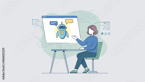 Person talking to chatbot. AI customer service concept. Flat vector illustration. Artificial intelligence technology. Virtual assistant. Online tech support. Digital communication.