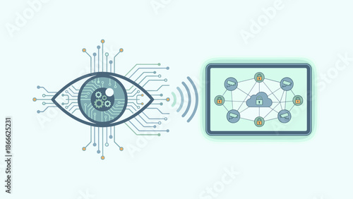 Digital surveillance concept. Cyber security technology. Electronic eye watching screen. Artificial intelligence vision. Data privacy protection. Network monitoring. Computer safety.