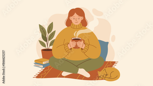 Cozy woman sitting on floor holding hot cup of tea. Relaxed girl resting with sleeping cat and books. Hygge lifestyle self care concept. Mental health break. Flat vector design.