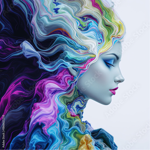 An evolving illustrated profile portrait representing transformation through dynamic color gradients, clean background