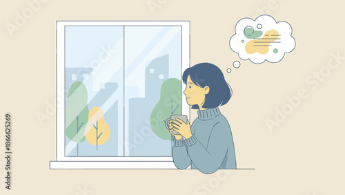 Woman holding coffee cup looking out window. Thinking and contemplation concept. Relaxing home. Dreaming and planning. Cozy morning. Mindfulness solitude flat vector illustration
