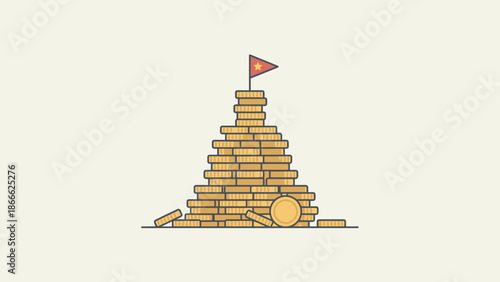 Large gold coin stack with flag on top. Financial peak. Wealth accumulation success. Money pile mountain. Investment growth profit. Economic goal achievement. Business banking vector.