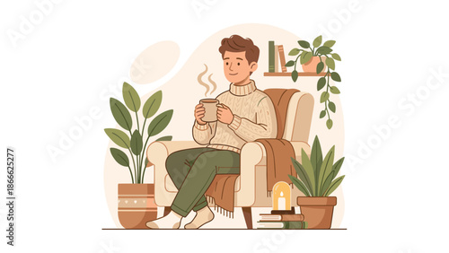 Cozy man in sweater sitting in armchair holding hot tea cup. Relaxing home atmosphere. Hygge lifestyle concept. Winter comfort. Male character resting. Peaceful break vector.