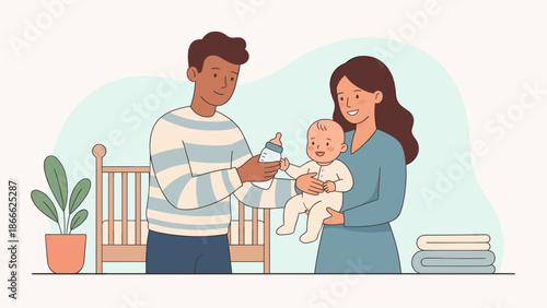 Happy young family parents feeding cute newborn baby with milk bottle. Mother father care for infant. Parenting childcare concept. Flat vector illustration. Home nursery relationship.