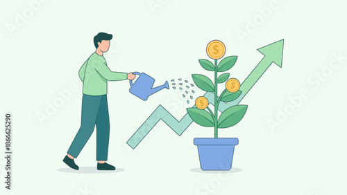 Person watering money tree investment concept. Financial growth business profit. Man holding can nurturing plant with coins. Economic success wealth development vector illustration.