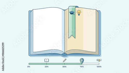 Open book with bookmark and reading progress bar concept. Educational flat vector illustration for school, learning and study. Knowledge tracking symbol for academic success.
