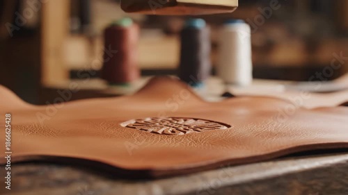 Leather Crafting Embossing Tool Imprinting Design Onto Tan Hide In Workshop With Spools Of Thread