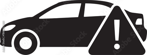 Black and white car with an exclamation mark indicating a warning or alert also transparent background