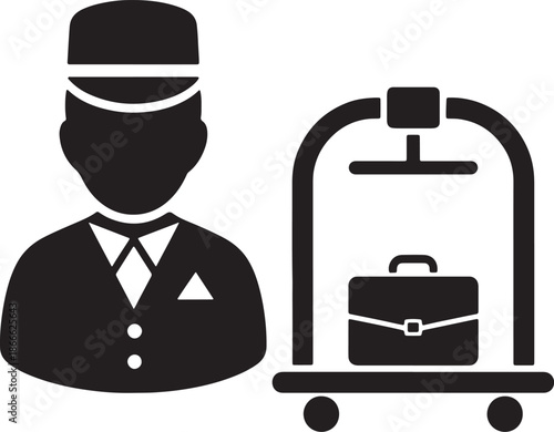 Black and white of a bellhop with a hat and a luggage cart carrying a suitcase also transparent background