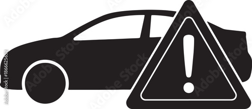 Black and white of a car with an exclamation mark inside a triangle also transparent background vehicle