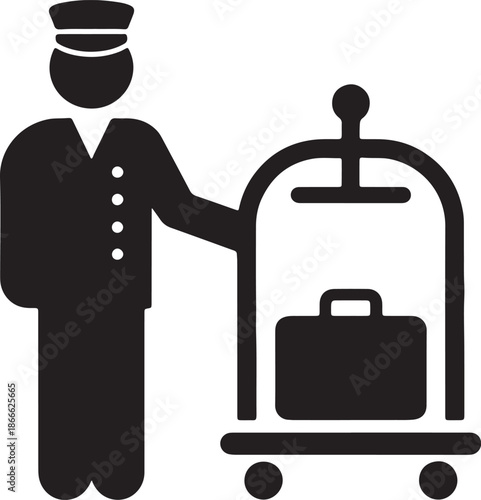 Black and white of a hotel bellboy pushing a luggage cart with a suitcase also transparent background