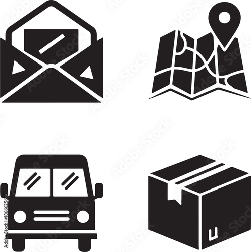 Black and white of an envelope, map, van, and box also transparent background