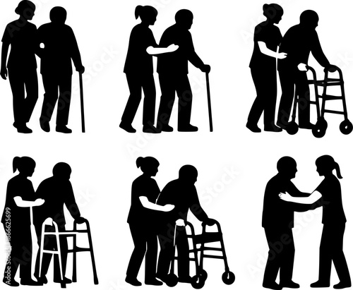 介護職員が高齢者の歩行を支援するイラストセット
