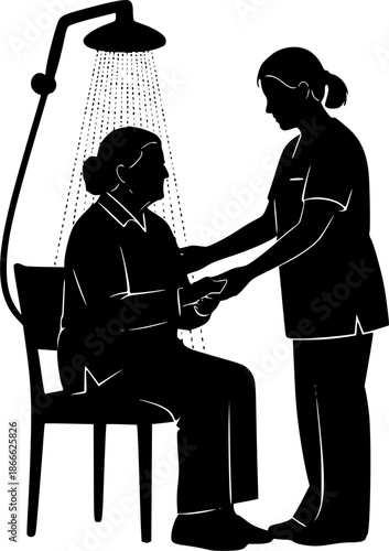 介護　入浴を手伝う介助人とシャワーを浴びる介護人
