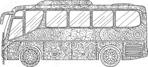 Bus for travel coloring page. Hand-drawn coloring book for children and adults. Beautiful drawings with patterns and small details. See more coloring pages in the collections. Vector
