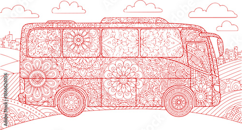 Bus for travel coloring page. Hand-drawn coloring book for children and adults. Beautiful drawings with patterns and small details. See more coloring pages in the collections. Vector