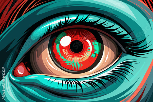 A close up of human eye light blue green color with red iris black pupil intense gaze surreal detail futuristic vision concept ultra realistic stock photography