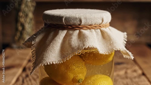 Preserved Lemons In A Glass Jar With A Fabric Cover On A Wooden Table