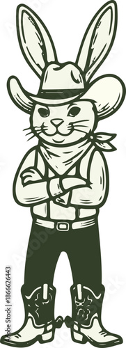 A charming cartoon illustration of a rabbit dressed as a cowboy, complete with hat, bandana, suspenders, and boots, standing with arms crossed.