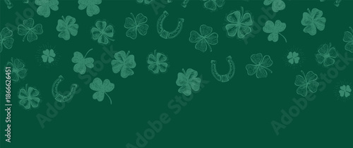 St. Patricks Day, clover pattern on green. Hand drawn illustrations