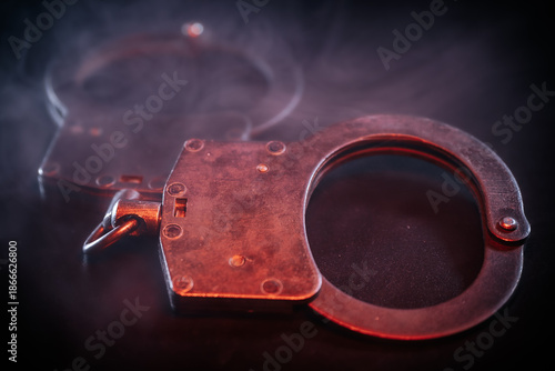 Wallpaper Mural Handcuffs resting on a dark surface, illuminated by dramatic lighting, creating a moody atmosphere with smoke in the background, symbolizing law enforcement and justice themes Torontodigital.ca