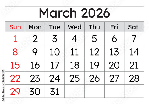 March 2026 calendar. Vector English monthly calendar page. Spring month