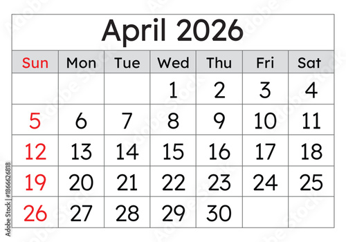 April 2026 calendar. Vector English monthly calendar page. Spring month