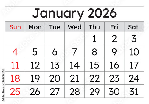 January 2026 calendar. Vector English monthly calendar page. Winter month